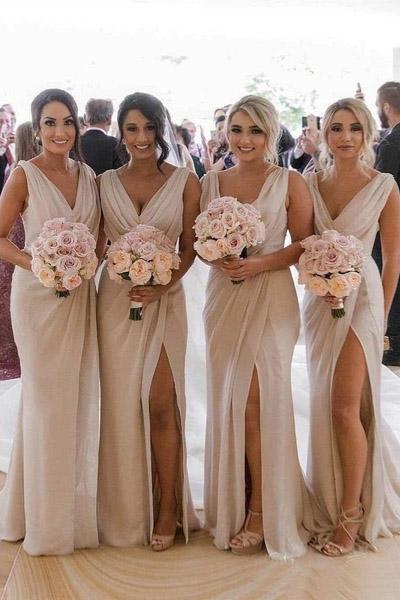 Simple V Neck Sleeveless Sheath Cheap Pleated Long Bridesmaid Dresses with Slit UQ2071 Simple V Neck Sleeveless Sheath Cheap Pleated Long Bridesmaid Dresses with Slit UQ2071