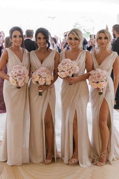 Simple V Neck Sleeveless Sheath Cheap Pleated Long Bridesmaid Dresses with Slit N2071