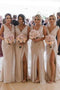 Simple V Neck Sleeveless Sheath Cheap Pleated Long Bridesmaid Dresses with Slit UQ2071