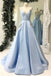 Light Blue V Neck Floor Length Satin Prom Dress with Pockets, Cheap Long Formal Dress UQ2038