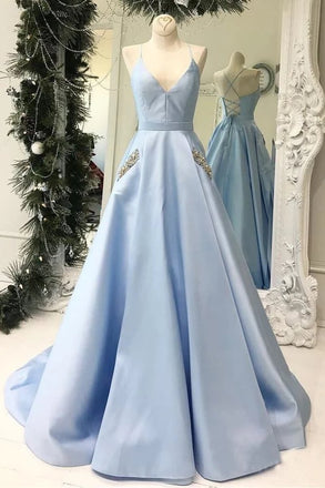 Light Blue V Neck Floor Length Satin Prom Dress with Pockets, Cheap Long Formal Dress UQ2038