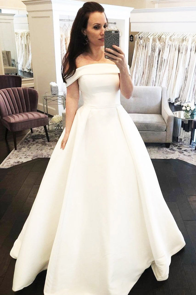 Simple A-Line Off the Shoulder Button Covered Long Wedding Dress, Cheap Bridal Dress N1768