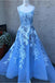 Blue Spaghetti Straps Prom Dress with Lace Appliques, A Line Sexy Long Graduation Dress UQ1746