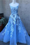 Blue Spaghetti Straps Prom Dress with Lace Appliques, A Line Sexy Long Graduation Dress UQ1746