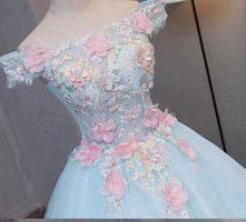 Sky Blue Tulle Princess Off Shoulder Long Prom Dress, Quinceanera Dressses with Flowers UQ1831