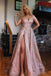 Spaghetti Strap V Neck Rose Gold Sequins Prom Dresses Sexy Side Slit Prom Dresses UQ2047