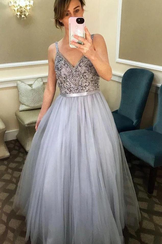 Straps V Neck Tulle Dress for Prom Dresses, Beading Long Formal Dresses UQ2036
