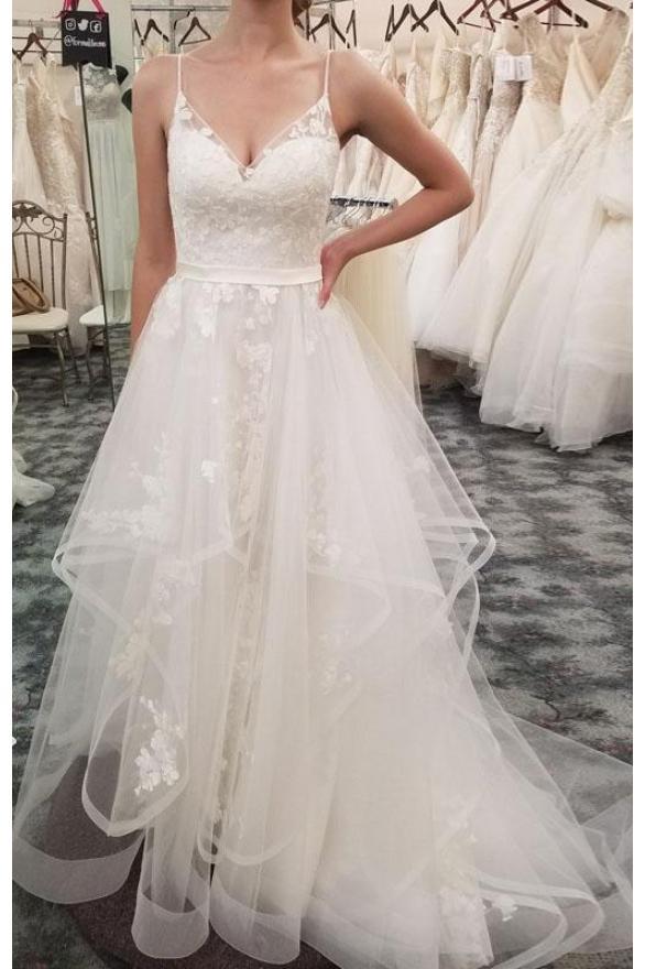Spaghetti Straps Tulle Beach Wedding Dress with Lace Appliques, Long B –  cherishgirls