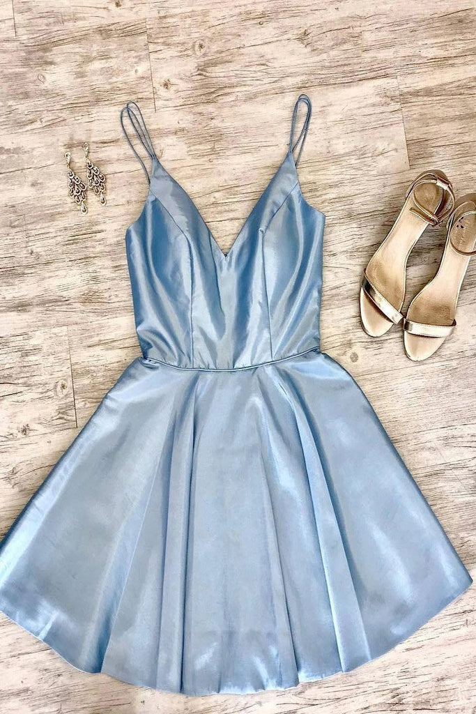 Double Straps Short Sky Blue Satin Party Dress, Cheap Short Homecoming Gown UQ2116