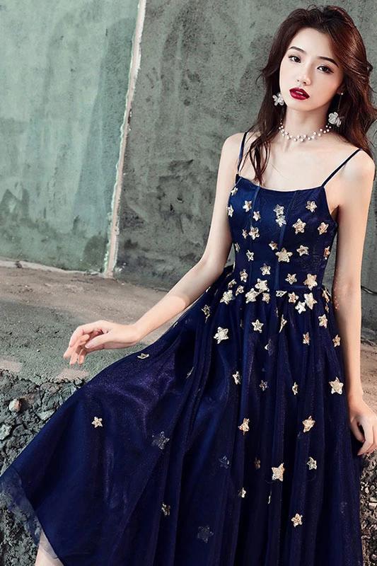 Spaghetti Straps Blue Tulle Tea Length Homecoming Dress with Stars UQ2 –  cherishgirls