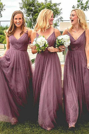 Spaghetti Straps V Neck Floor Length Bridesmaid Dress with Pleats, A Line Bridesmaid Dress N2384