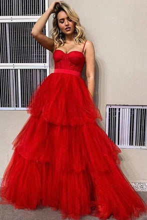Spaghetti Straps Floor Length Red Layers Tulle Prom Dresses,  A Line Long Evening Dress N2609