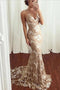 Spaghetti Straps Lace Mermaid Cheap Long Evening Prom Dresses with Sweep Train UQ2597