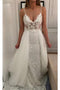 Spaghetti Straps V-Neck Lace Beach Wedding Dress with Detachable Train chw0026