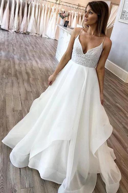 Floor Length Spaghetti Straps Beach Wedding Dress with Lace, Simple Bridal Dress N2444