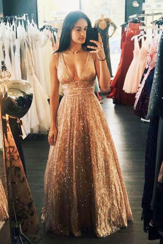 Sparkly Deep V Neck Sleeveless Floor Length Prom Dress, A Line Long Formal Dresses N1699