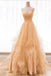 Spaghetti Straps V Neck Sparky Long Prom Dress, Backless Pleated Tulle Party Dresses N2587