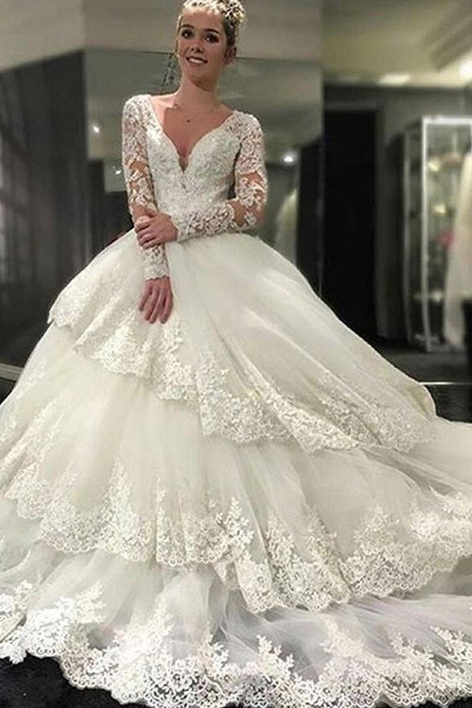 Ivory Deep V-Neck Long Sleeves Lace Appliques Chapel Train Tiered Wedd cherishgirls Ivory Deep V-Neck Long Sleeves Lace Appliques Chapel Train Tiered Wedd cherishgirls