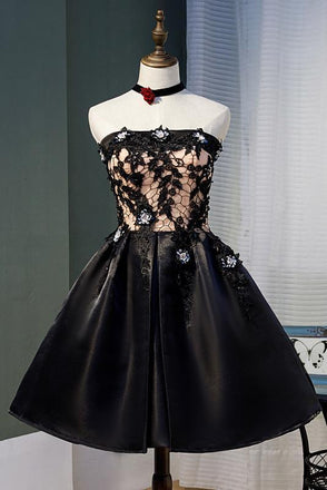 Black Strapless Satin Homecoming Dress with Lace, Cheap Graduation Dress with Crystals N1980