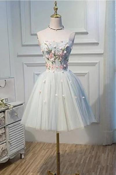 Strapless Homecoming Dress Flower Applique Short Tulle Graduation Dress UQ1945