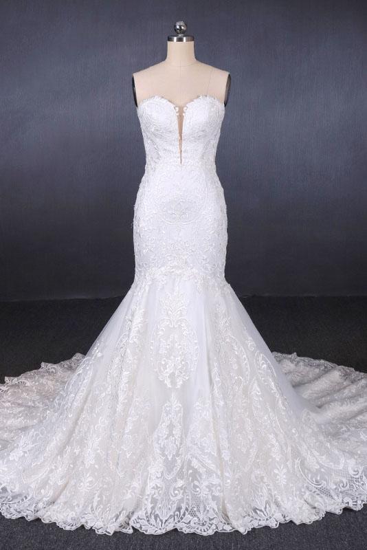 Mermaid Sweetheart Long Lace Bridal Dresses, Strapless Mermaid Lace Wedding Dress N2285