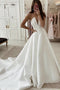 Simple Deep V Neck Strapless Satin Wedding Dress, A Line Brial Dress chw0027