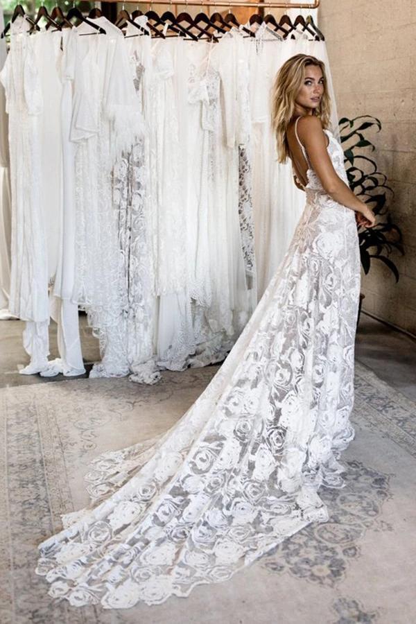 Spaghetti Straps Backless Lace Wedding Dresses, Lace Boho Wedding Dres cherishgirls Spaghetti Straps Backless Lace Wedding Dresses, Lace Boho Wedding Dres cherishgirls