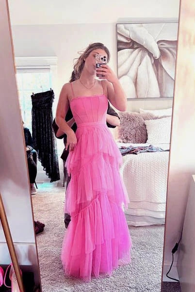 New Arrival Hot Pink Spaghetti Straps Floor Length Prom Dress With Ruffles, Tulle Formal Gown CHP0072