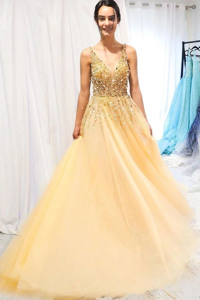 A Line Floor Length Tulle Prom Dress with Sequins, Cheap V Neck Long Formal Dresses UQ2570