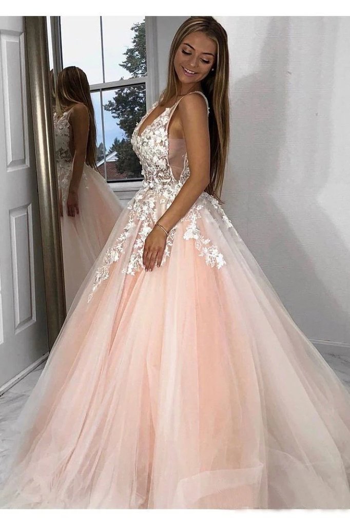 Stunning Lace Applique Long Prom Dresses Quinceanera Dress with Flowers UQ2035