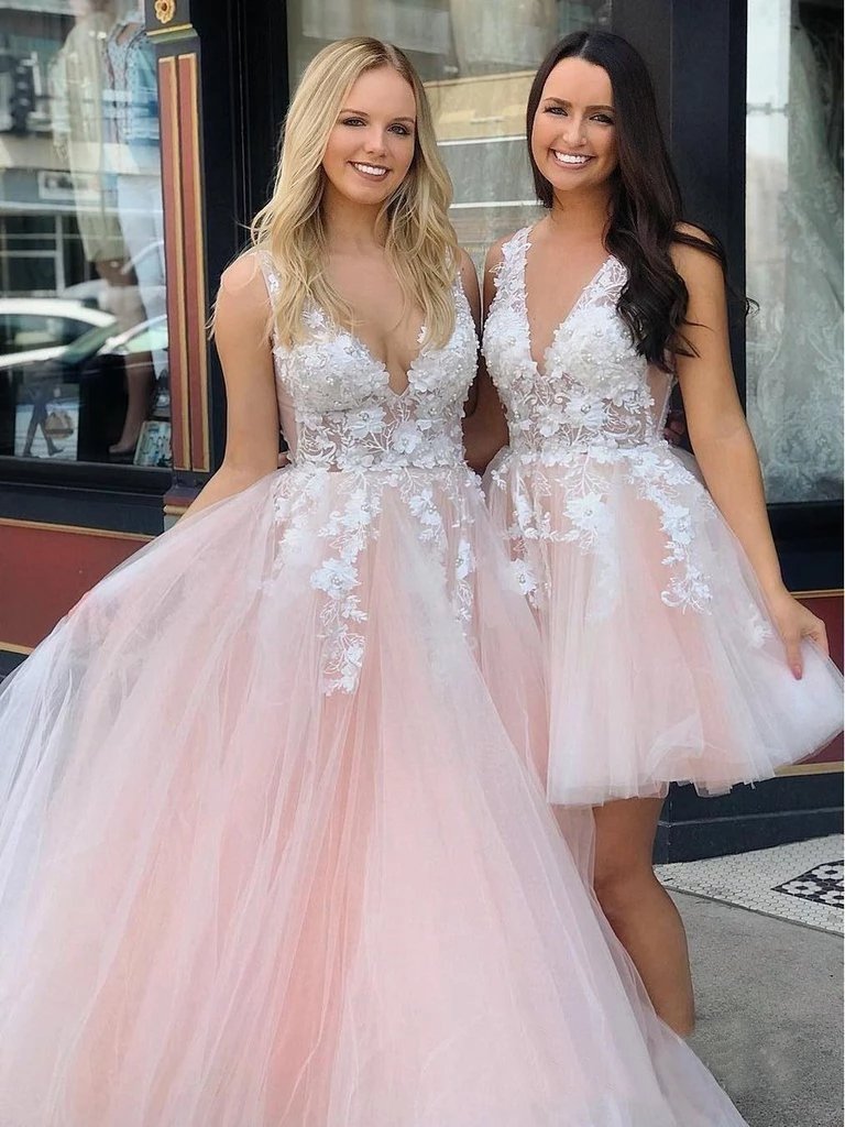 Stunning Lace Applique Long Prom Dresses Quinceanera Dress with Flowers UQ2035