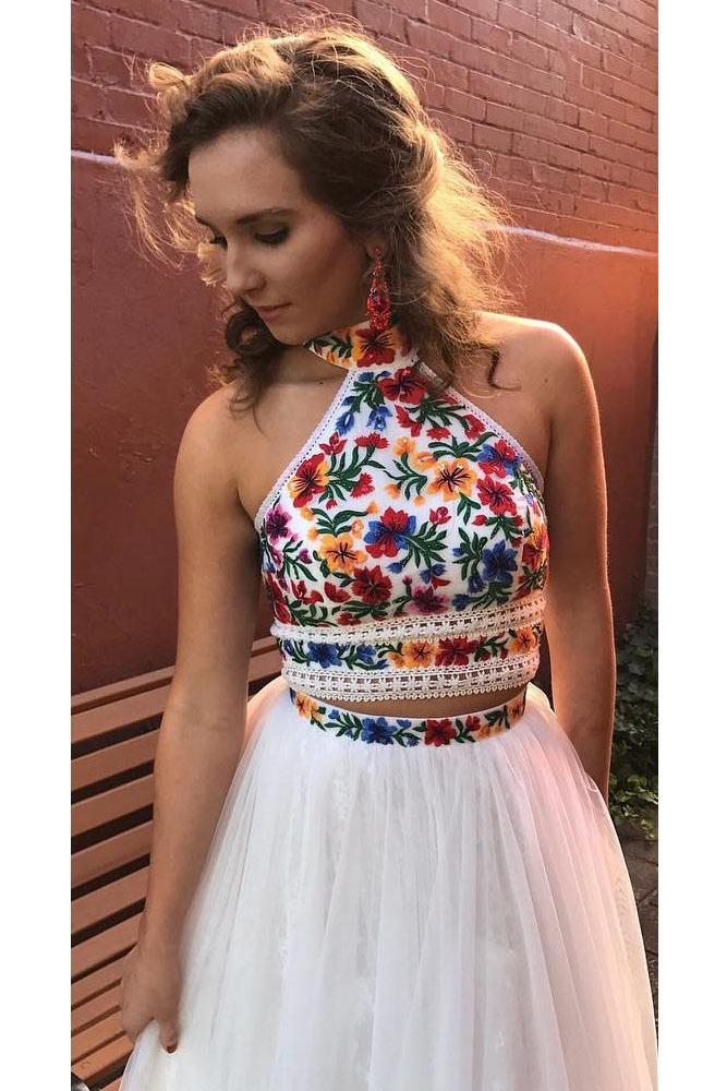 Two Piece High Neck Long Prom Dress with Appliques, Unique Sleeveless Party Dress UQ1719