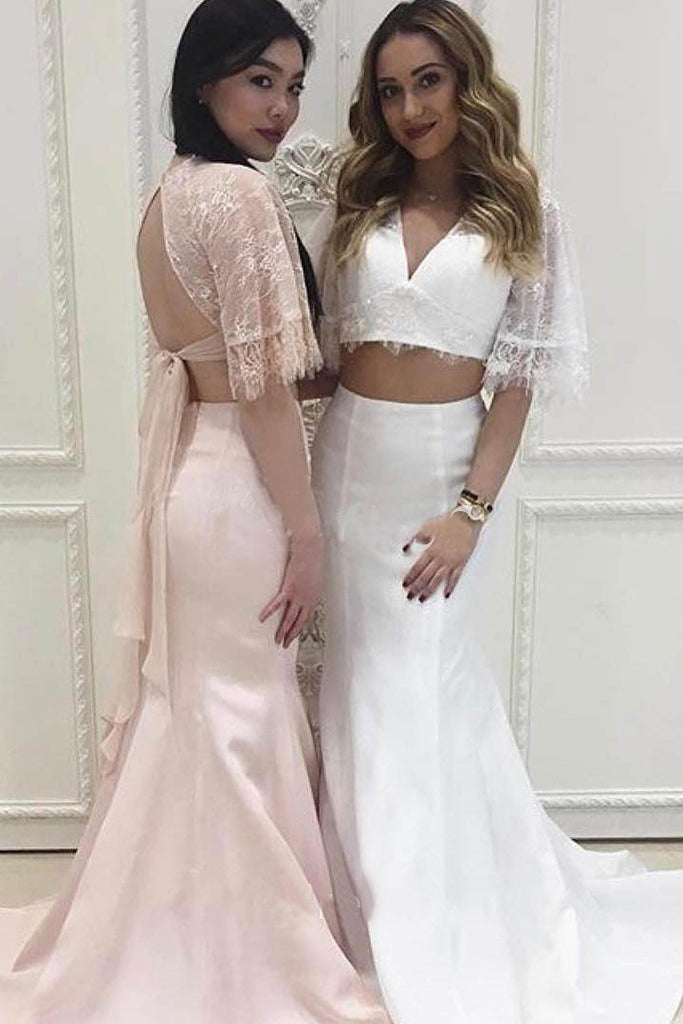 Two Piece Beach Wedding Dress with Lace, 2 Piece Mermaid V Neck Prom Dresses UQ1785