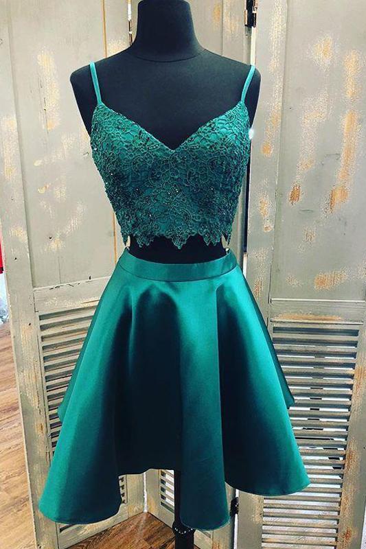 Teal Two Piece Satin Homecoming Dresses with Lace, Spaghetti Strap Gra cherishgirls Teal Two Piece Satin Homecoming Dresses with Lace, Spaghetti Strap Gra cherishgirls