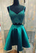 Teal Two Piece Satin Homecoming Dresses with Lace, Spaghetti Strap Graduation Dress UQ1804