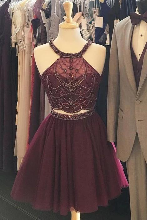 Two Piece Tulle Homecoming Dress with Beading, A Line Sleeveless Short cherishgirls Two Piece Tulle Homecoming Dress with Beading, A Line Sleeveless Short cherishgirls