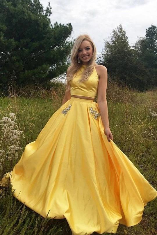 Yellow Satin Two Pieces Long Homecoming Dress with Silver Beading, Pro cherishgirls Yellow Satin Two Pieces Long Homecoming Dress with Silver Beading, Pro cherishgirls