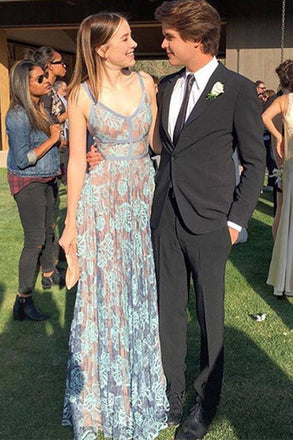 Elegant Blue Lace Prom Dresses Spaghetti Straps Backless Party Dress chp0039