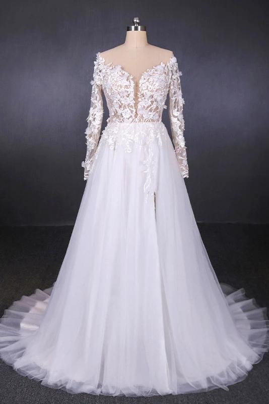 White A Line Tulle Long Sleeves Wedding Gown, Cheap Bridal Dress with Lace Appliques N2308