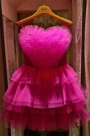 Hot Pink Spaghetti Straps Homecoming Dress With Layers, Party Gown, Graduation Dress chh0104