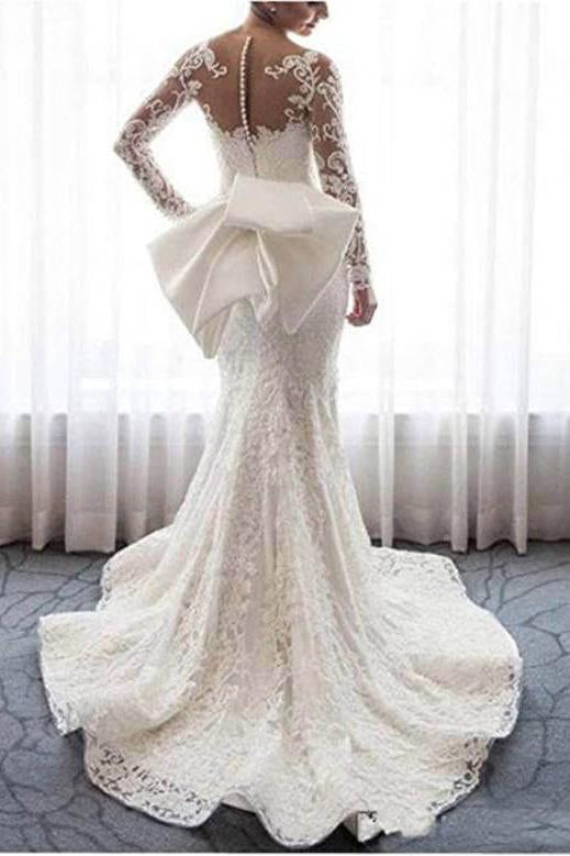 Gorgeous Lace Wedding Dress with Long Sleeves, Bowknot Mermaid Bridal Dresses N1765