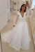 A Line Long Sleeves V Neck Long Prom Dresses, White Beach Wedding Dress with Beading UQ1721