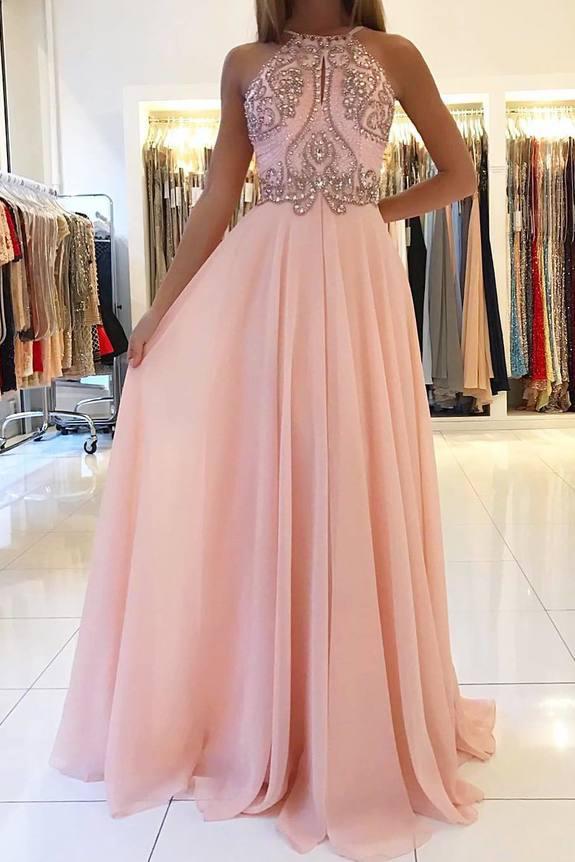 Blush Pink Chiffon Prom Dress with Beading Rhinstone, Flowy Backless G –  cherishgirls