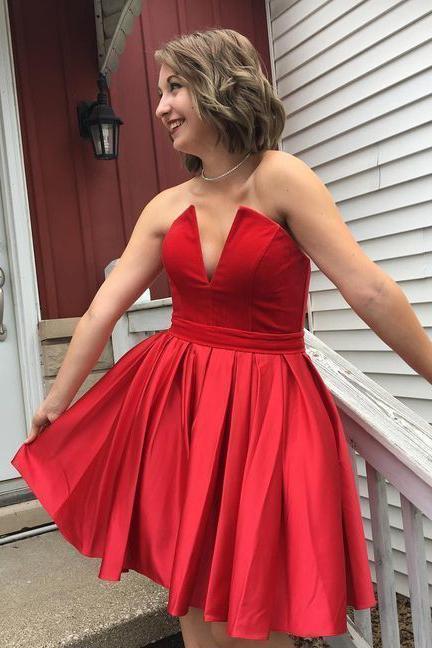 Red Strapless Ruched Short Homecoming Dresses, A Line Satin Graduation cherishgirls Red Strapless Ruched Short Homecoming Dresses, A Line Satin Graduation cherishgirls