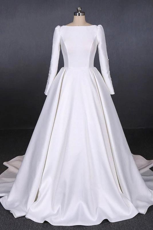 Cheap Long Sleeves Satin White Wedding Dress, Simple Backless Bridal Dresses N2301