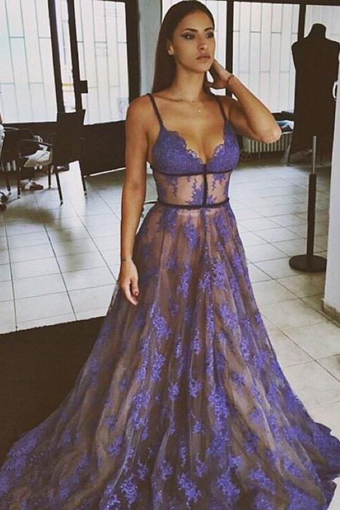 Purple Lace Spaghetti Straps Nude Lining Long Sexy Prom Dress, Long Party Dresses N1712