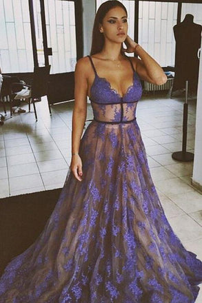 Purple Lace Spaghetti Straps Nude Lining Long Sexy Prom Dress, Long Party Dresses N1712