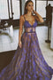 Purple Lace Spaghetti Straps Nude Lining Long Sexy Prom Dress, Long Party Dresses UQ1712