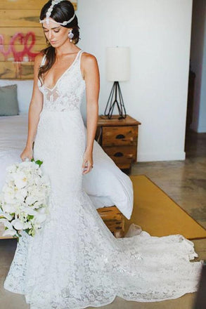 Romantic Deep V Neck Sleeveless Lace Wedding Dress, Mermaid Wedding Dresses with Train N2488