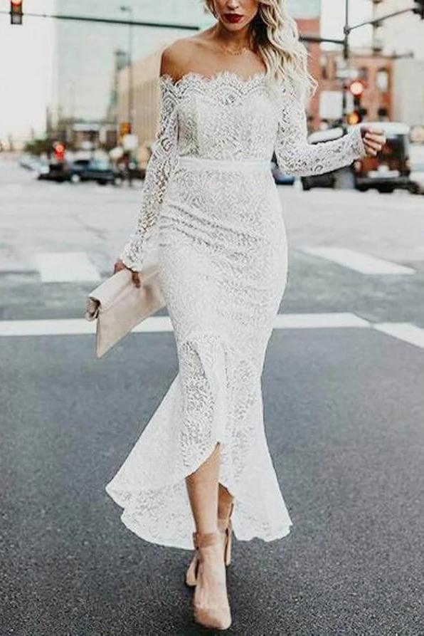 High Low Long Sleeves Mermaid Lace Wedding Dress, Off the Shoulder Lace Bridal Dress UQ2257